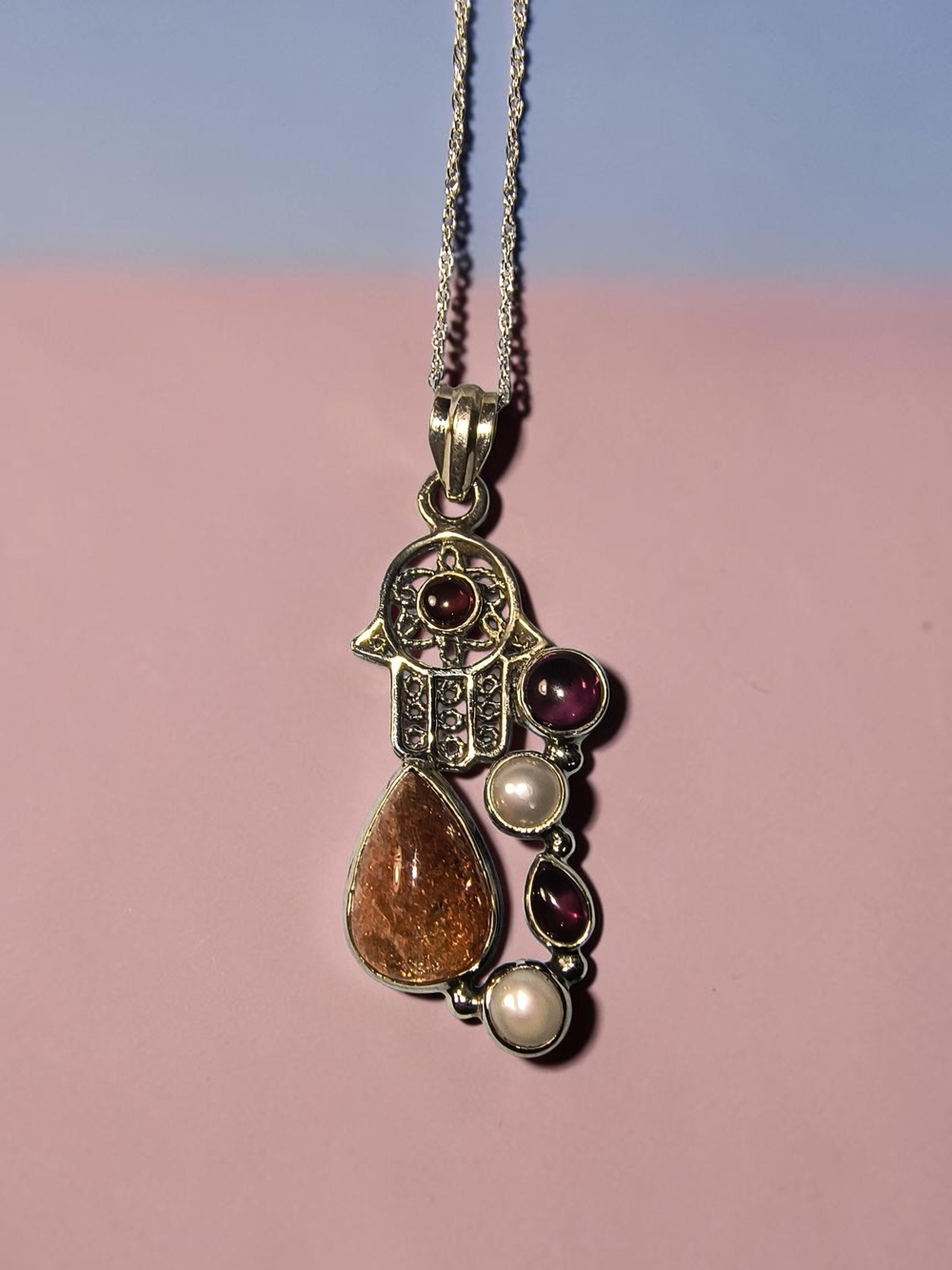 Sterling Silver Hamsa Pendant Necklace with Garnet, Pearl and Sunstone